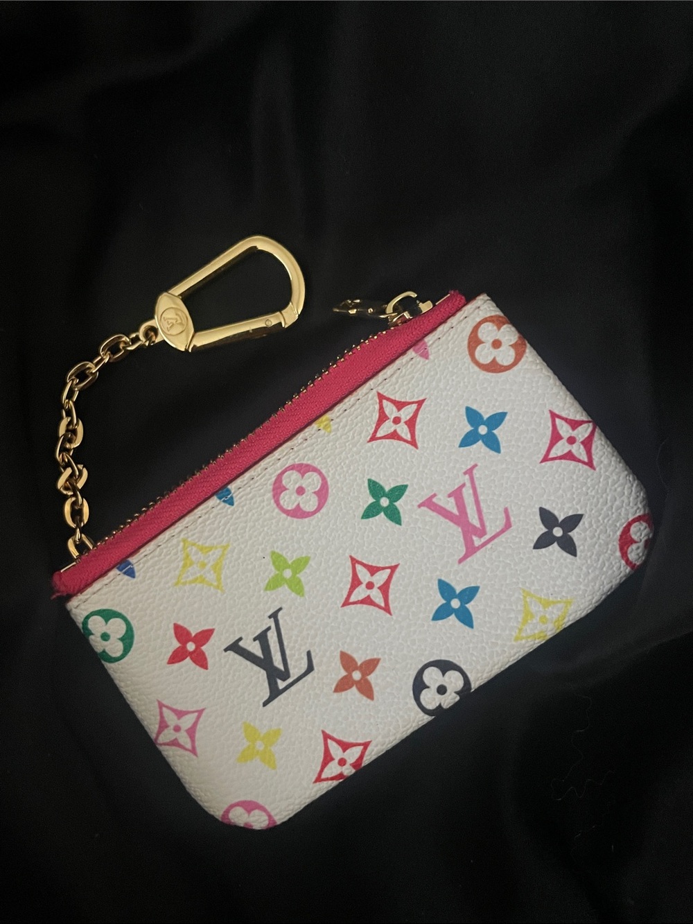 Louis Vuitton White Multicolor Monogram Key Pouch with Pink Trim